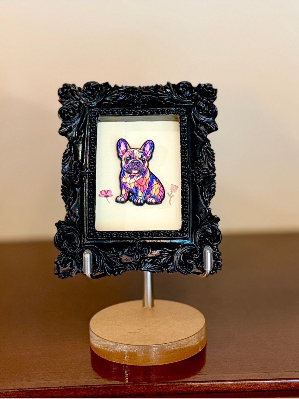 Mini Framed French Bulldog Art • Ornate Black Frame • Includes Easel & Magnet - Picture 3 of 5